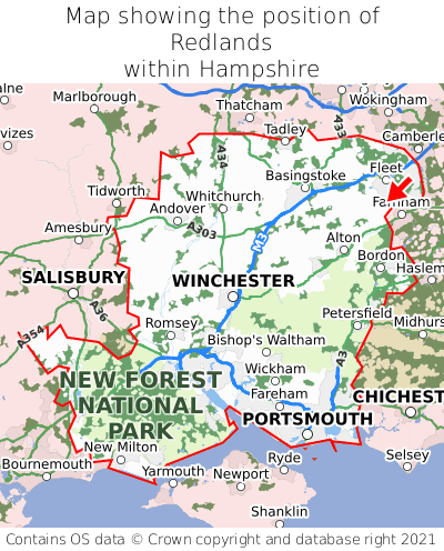 Map showing location of Redlands within Hampshire