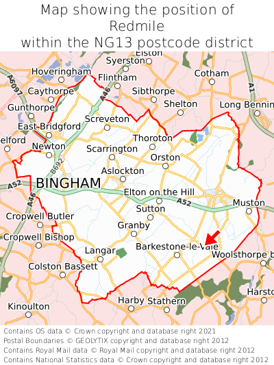 Map showing location of Redmile within NG13