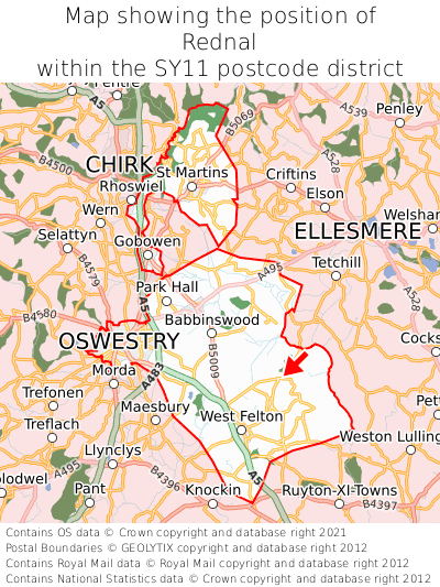 Map showing location of Rednal within SY11