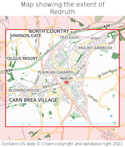 Map showing extent of Redruth as bounding box