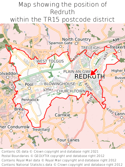 Map showing location of Redruth within TR15