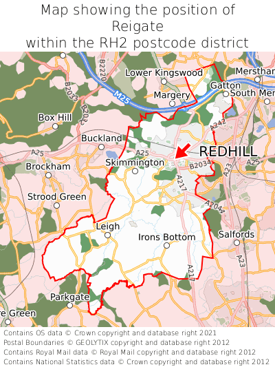 Map showing location of Reigate within RH2