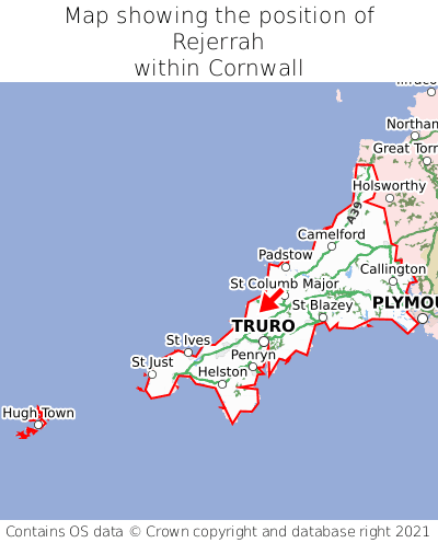 Map showing location of Rejerrah within Cornwall
