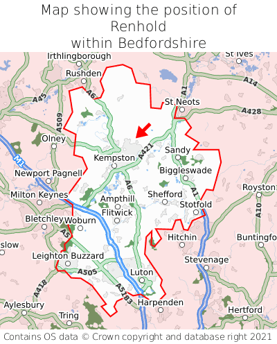 Map showing location of Renhold within Bedfordshire