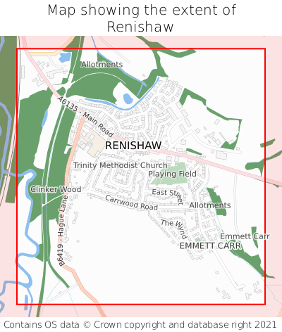Map showing extent of Renishaw as bounding box