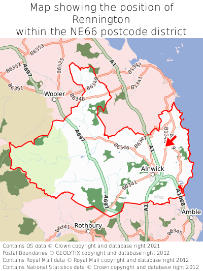 Map showing location of Rennington within NE66
