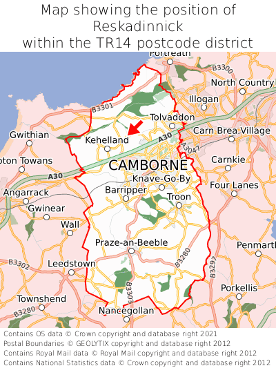Map showing location of Reskadinnick within TR14