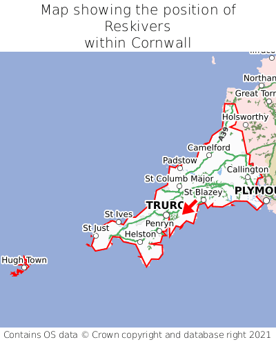 Map showing location of Reskivers within Cornwall