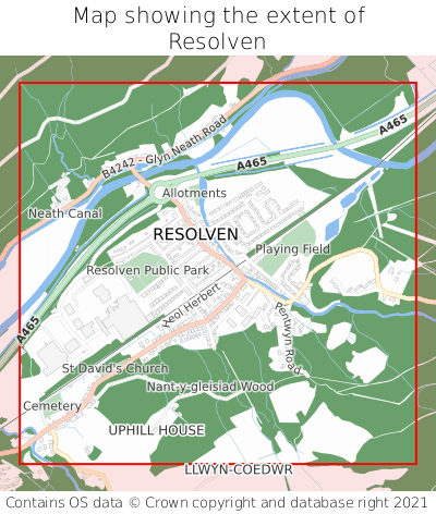 Map showing extent of Resolven as bounding box