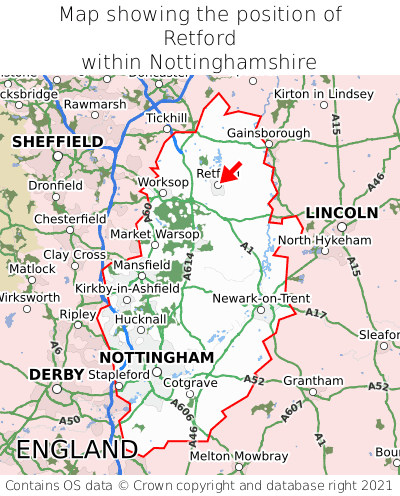 Map showing location of Retford within Nottinghamshire