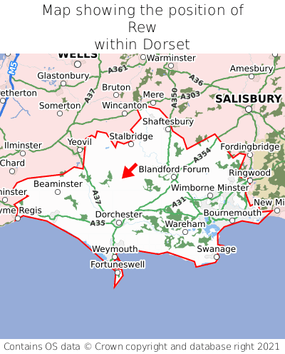 Map showing location of Rew within Dorset