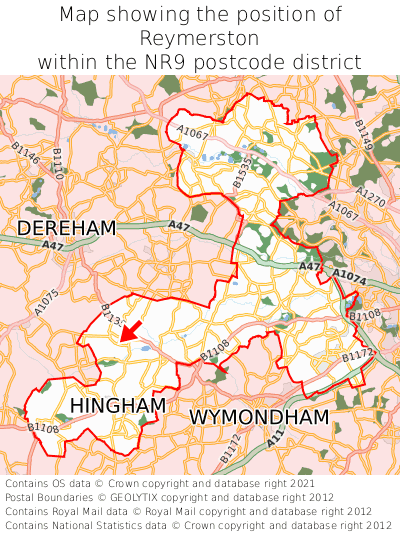 Map showing location of Reymerston within NR9