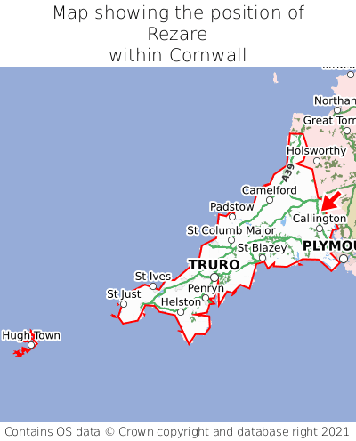 Map showing location of Rezare within Cornwall