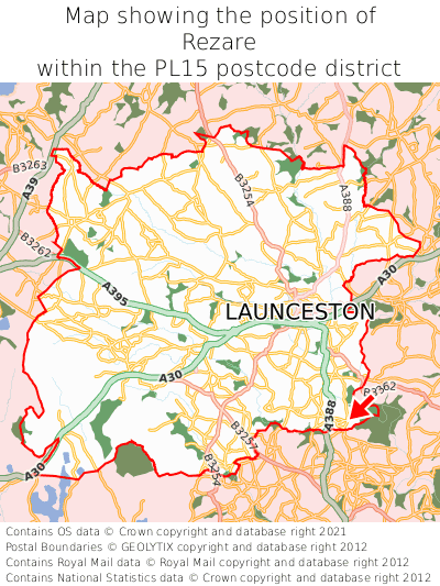 Map showing location of Rezare within PL15