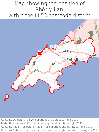 Map showing location of Rhôs-y-llan within LL53