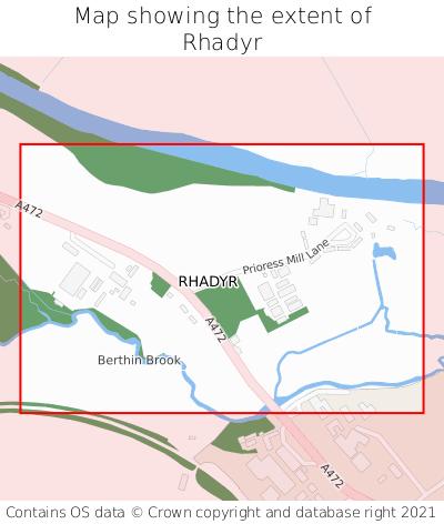 Map showing extent of Rhadyr as bounding box