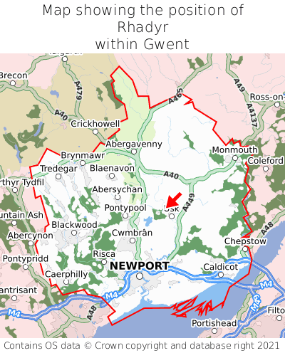 Map showing location of Rhadyr within Gwent