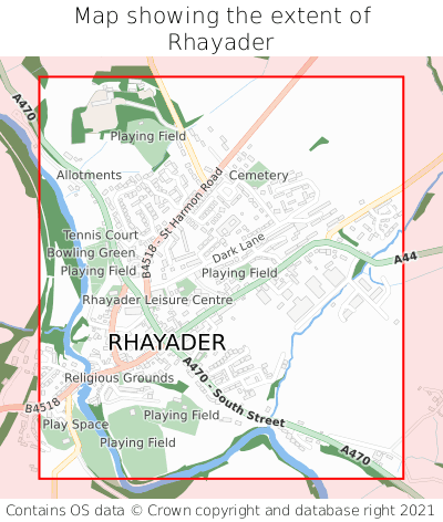 Map showing extent of Rhayader as bounding box