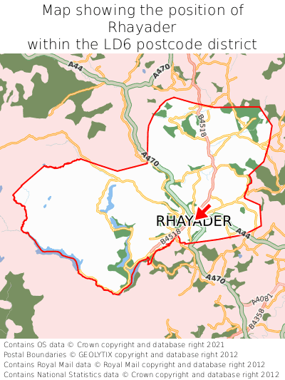 Map showing location of Rhayader within LD6