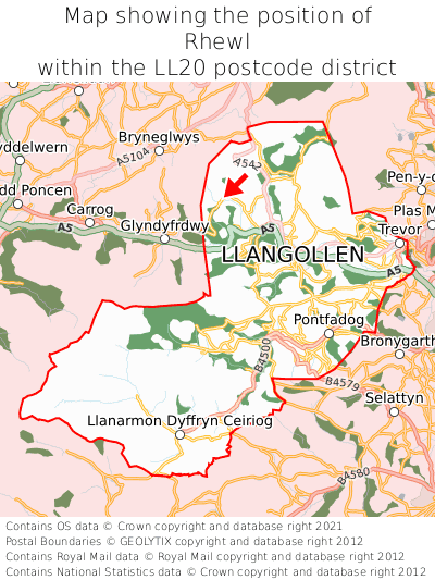 Map showing location of Rhewl within LL20