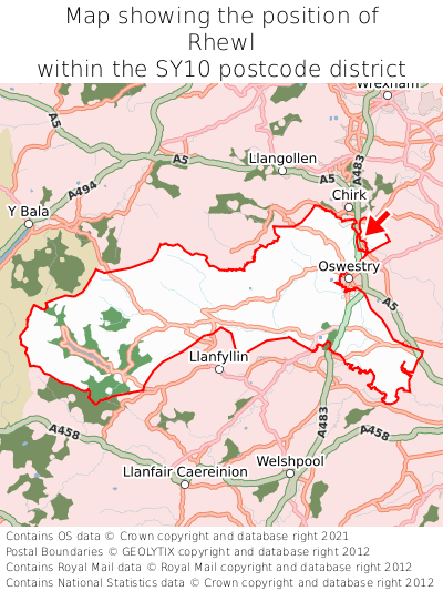Map showing location of Rhewl within SY10