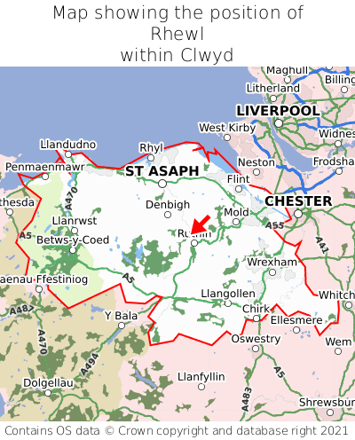 Map showing location of Rhewl within Clwyd