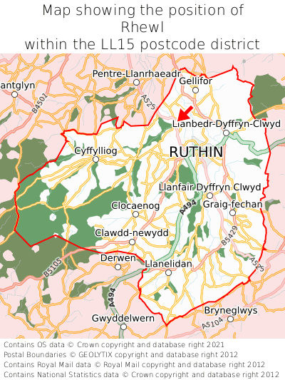 Map showing location of Rhewl within LL15