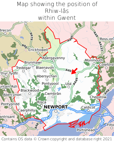 Map showing location of Rhiw-lâs within Gwent