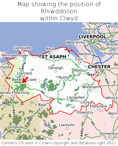 Map showing location of Rhiwddolion within Clwyd