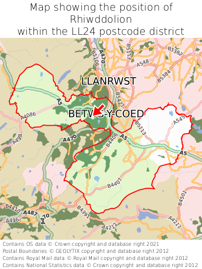 Map showing location of Rhiwddolion within LL24
