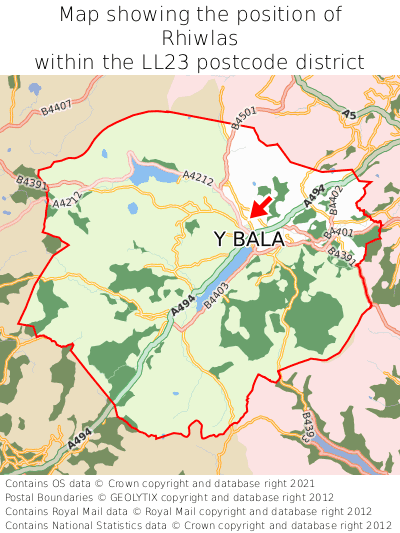 Map showing location of Rhiwlas within LL23