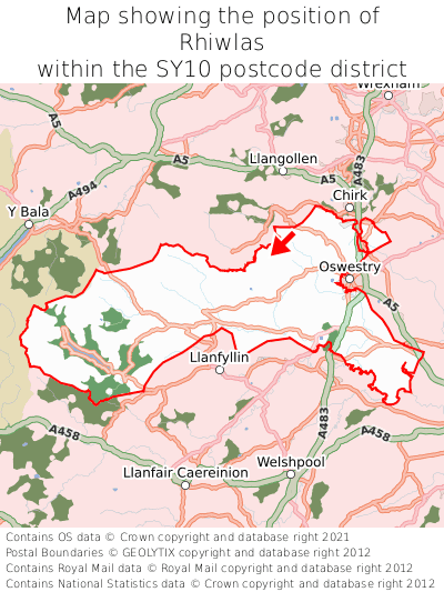 Map showing location of Rhiwlas within SY10