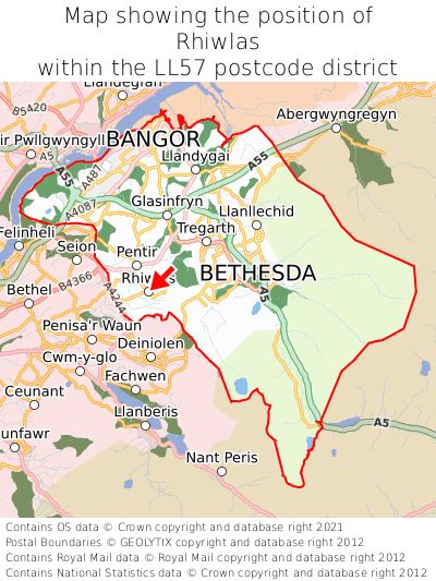 Map showing location of Rhiwlas within LL57