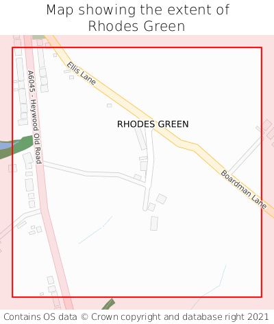 Map showing extent of Rhodes Green as bounding box