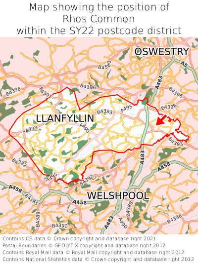 Map showing location of Rhos Common within SY22