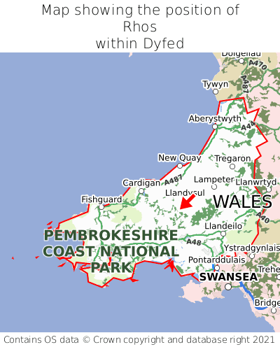 Map showing location of Rhos within Dyfed