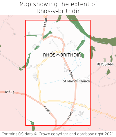 Map showing extent of Rhos-y-brithdir as bounding box