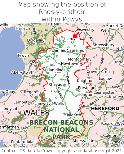 Map showing location of Rhos-y-brithdir within Powys
