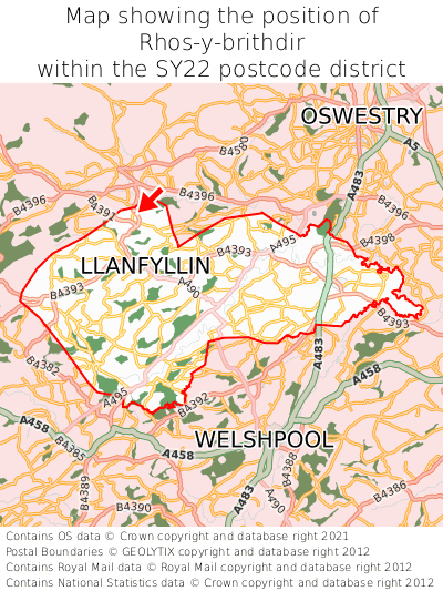 Map showing location of Rhos-y-brithdir within SY22