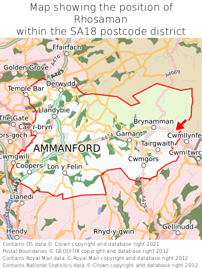 Map showing location of Rhosaman within SA18