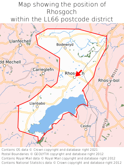 Map showing location of Rhosgoch within LL66