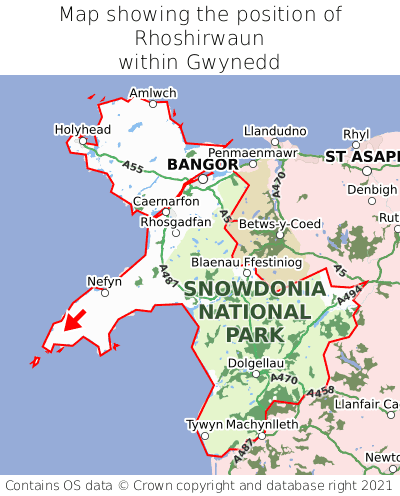 Map showing location of Rhoshirwaun within Gwynedd