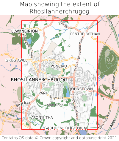 Map showing extent of Rhosllannerchrugog as bounding box