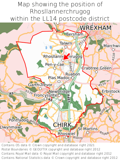 Map showing location of Rhosllannerchrugog within LL14