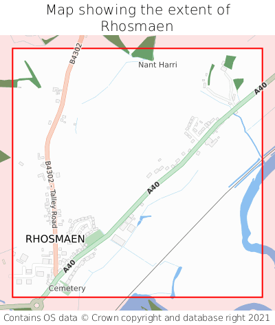 Map showing extent of Rhosmaen as bounding box