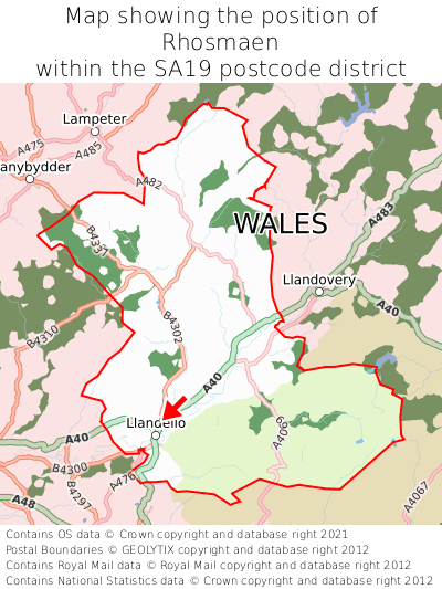 Map showing location of Rhosmaen within SA19