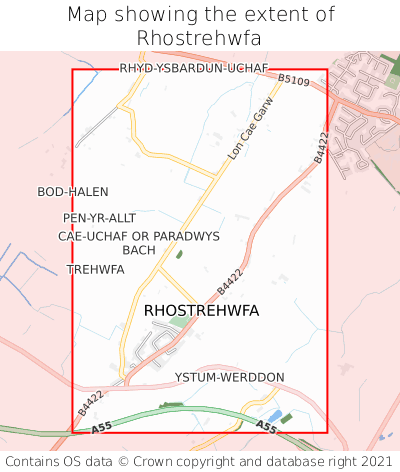 Map showing extent of Rhostrehwfa as bounding box