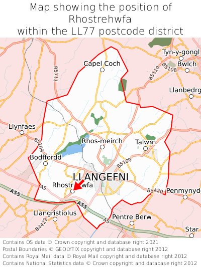 Map showing location of Rhostrehwfa within LL77