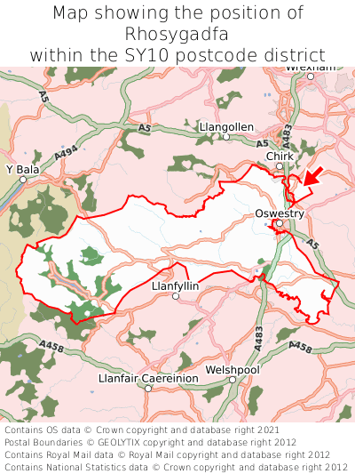 Map showing location of Rhosygadfa within SY10