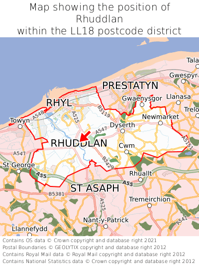 Map showing location of Rhuddlan within LL18